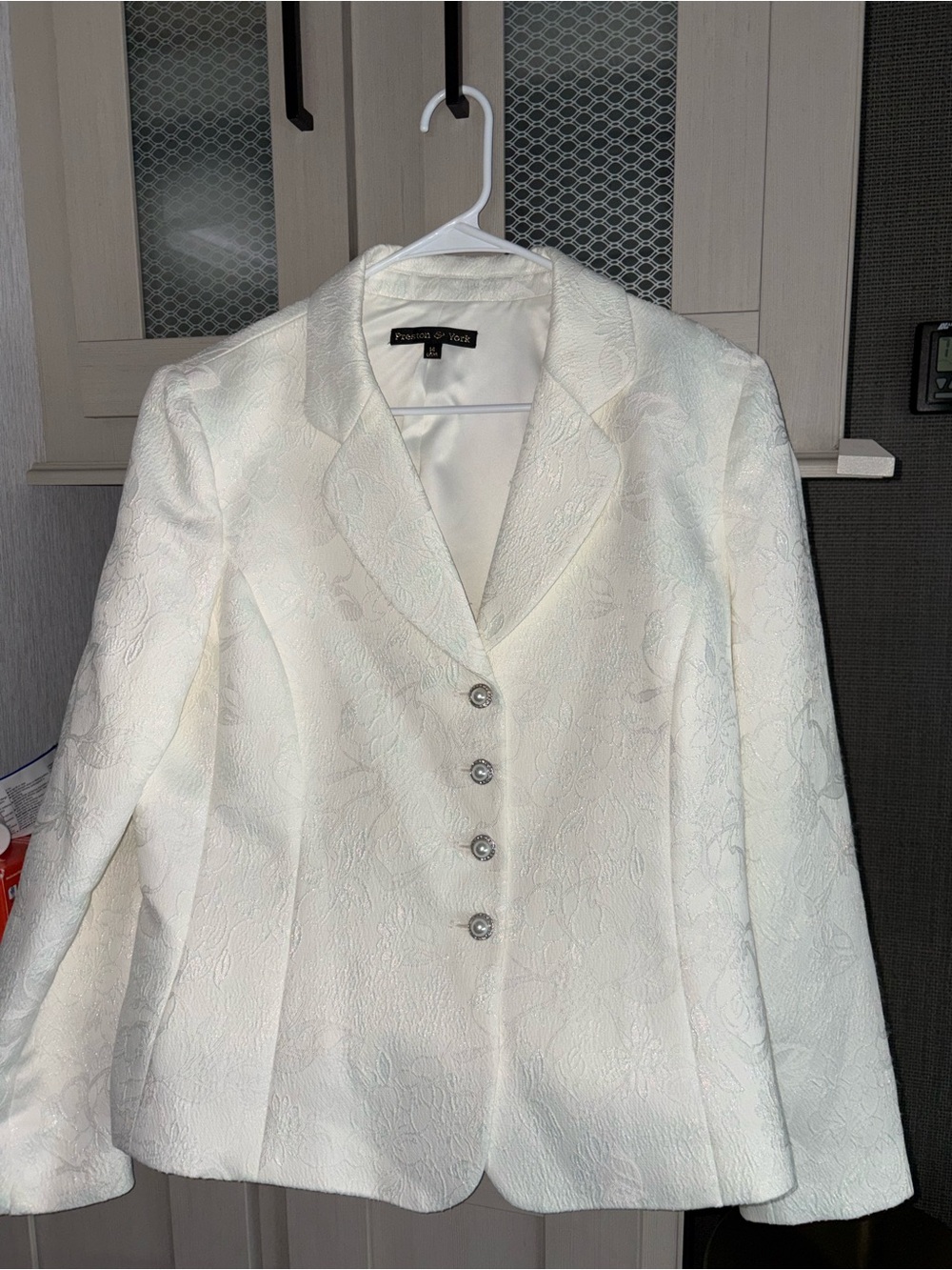 Fitted White Women's Blazer Jacket and skirt set  - Floral Jacquard
